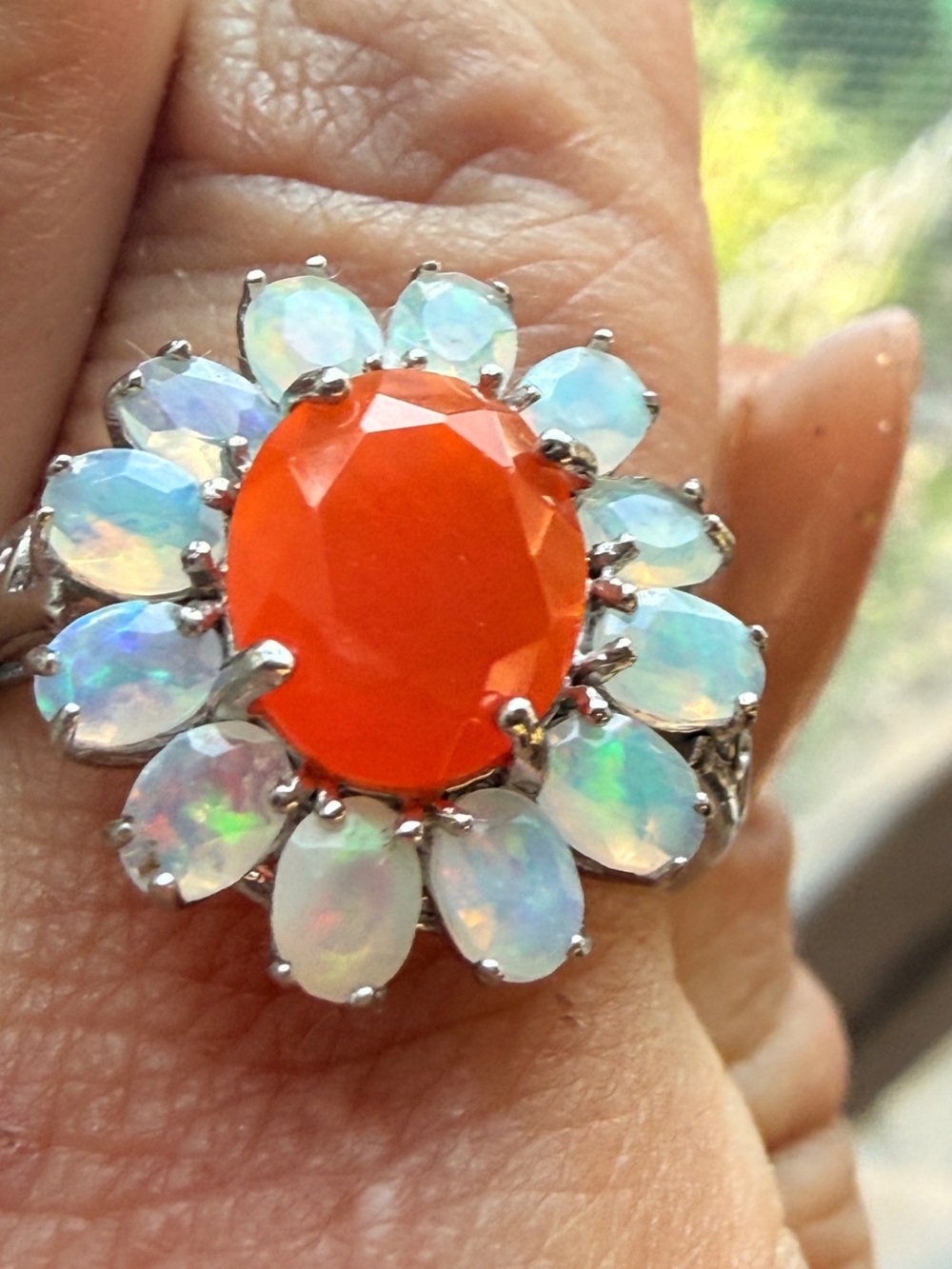 Orange Opal & Fire Opal Flower Halo Ring Sz9